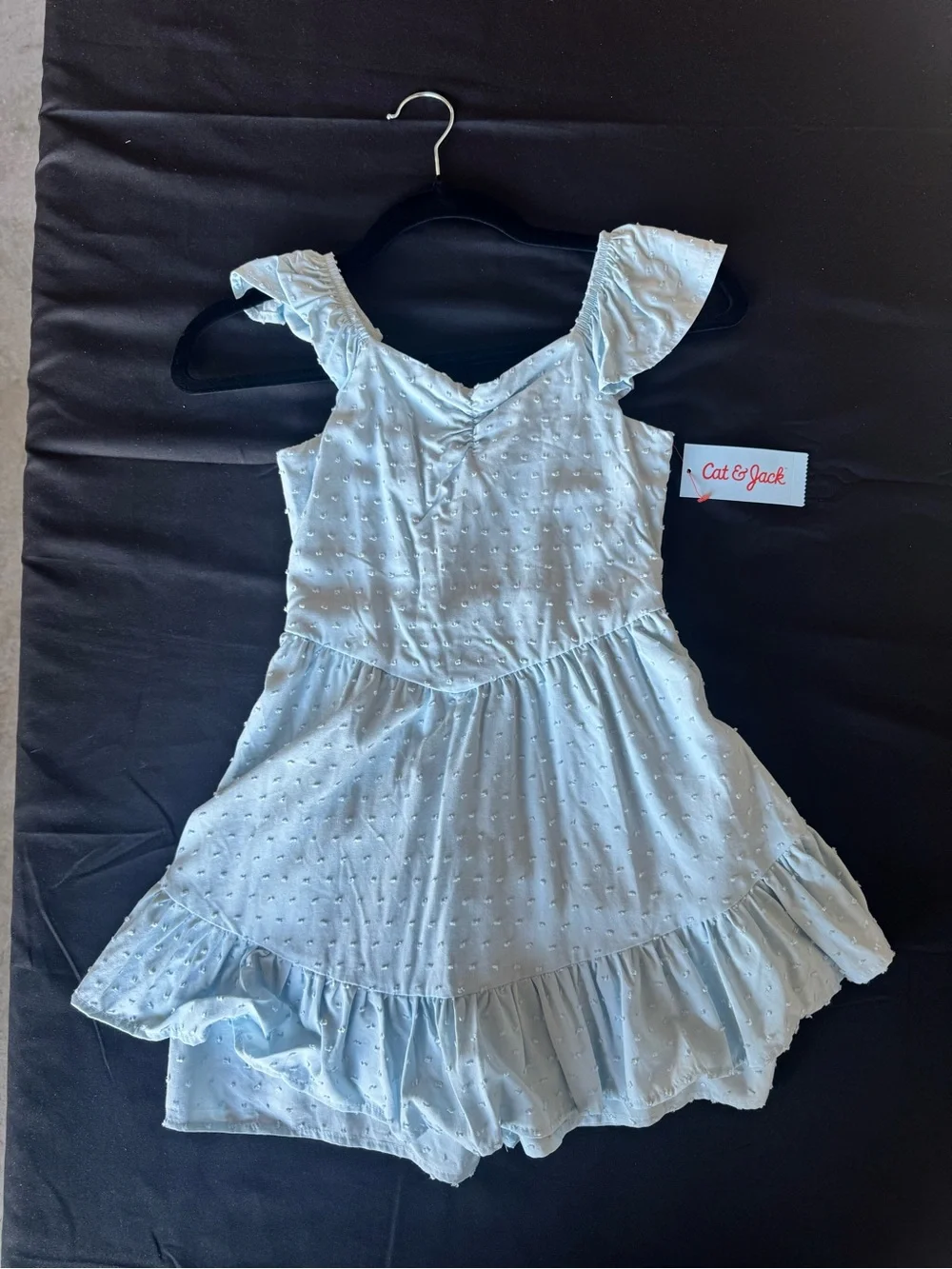 NWT Cat & Jack Girls Light Blue Swiss Dot Ruffle Tiered Romper Dress Size M (8)